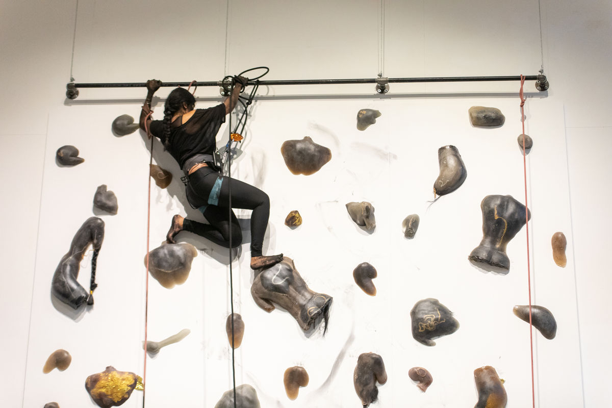 Performance documentation of Baseera Khan, Braidrage, Albany University, 2019. Photo by Ariana Sarwari. Courtesy of the artist and Simone Subal Gallery.