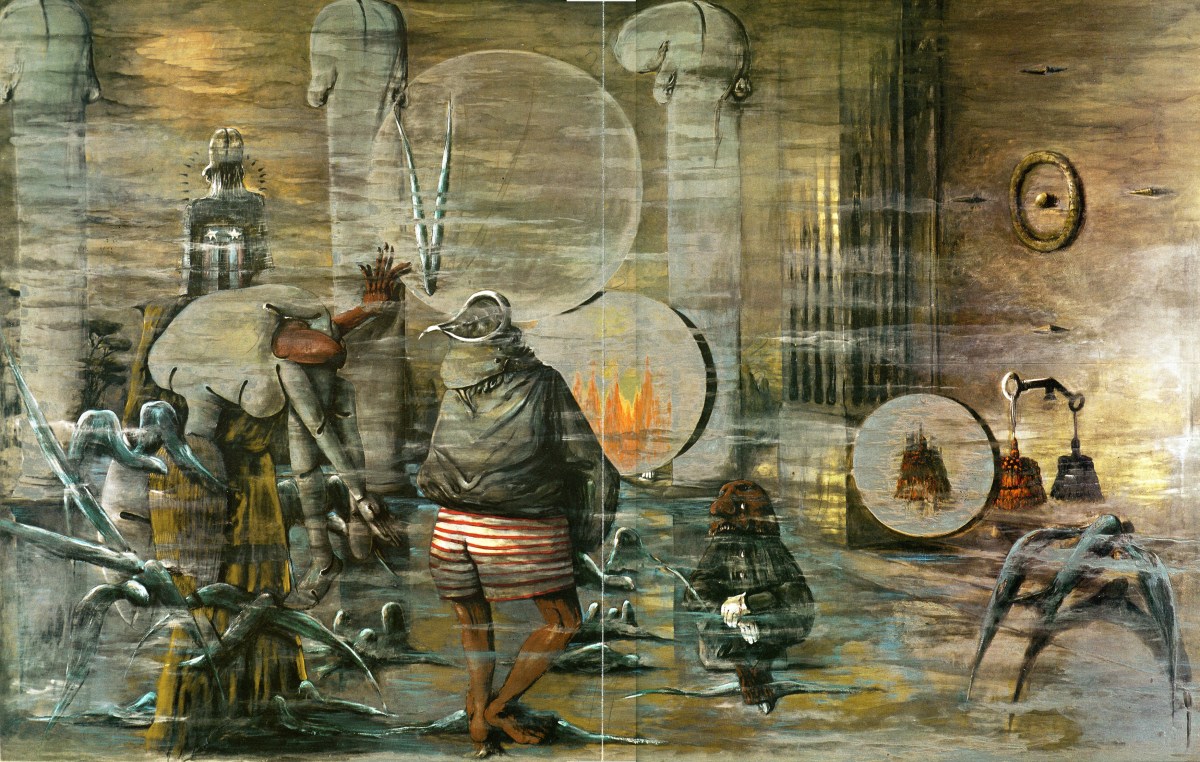 Sergio Vacchi, Della perdita o del ritrovamento, 1975, smalto e colori metallici su tavole di legno, cm 300 x 460, Collezione privata