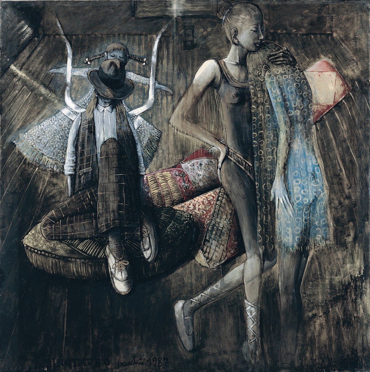 Sergio Vacchi, Minotauro, 1987, smalto e colori metallici su tela, cm 200 x 200, Collezione privata