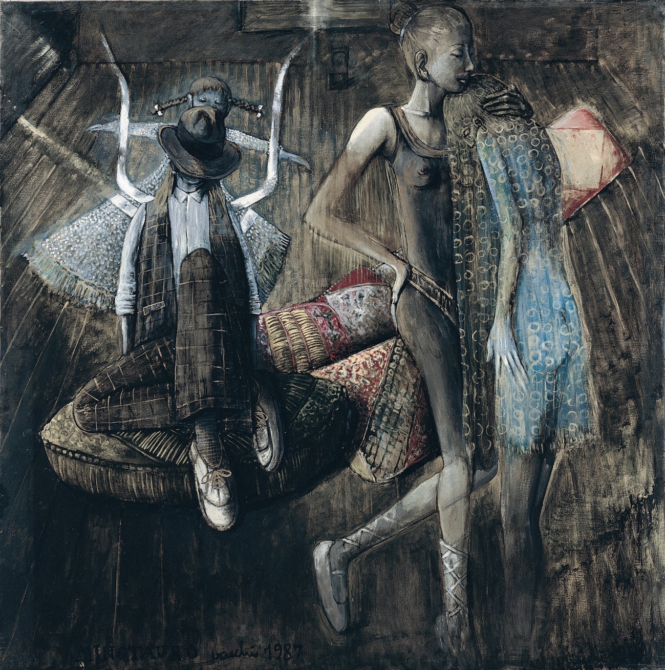 Sergio Vacchi, Minotauro, 1987, smalto e colori metallici su tela, cm 200 x 200, Collezione privata