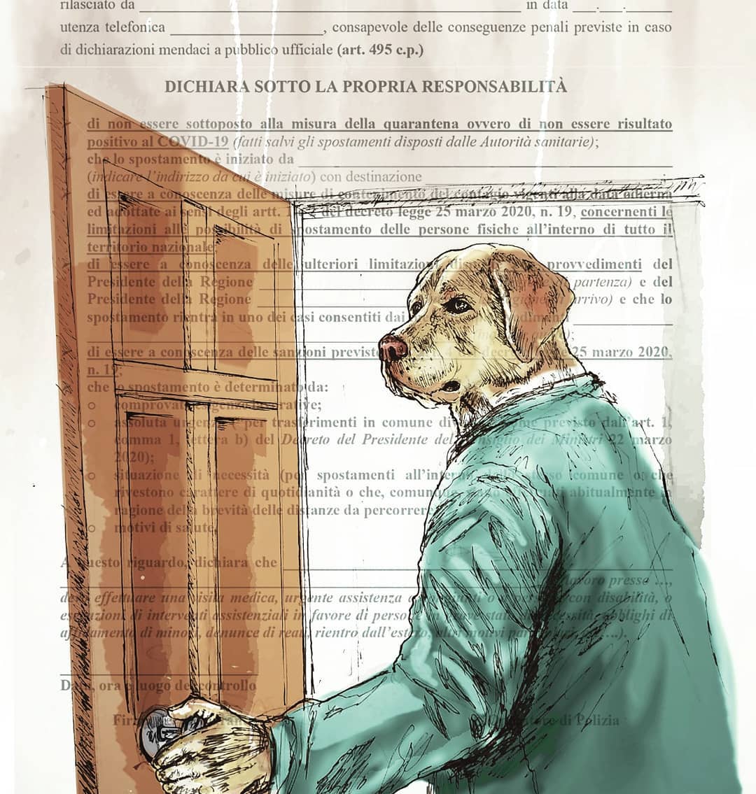 Autocertificazioni Illustrate - Amore esco devo pisciare, Tecnica mista, Matteo Brogi @matbrogi