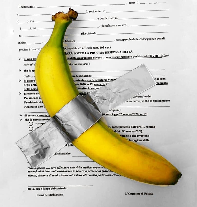 Autocertificazioni Illustrate - Banana su autocertificazione, tecnica mista @susanna.gianni