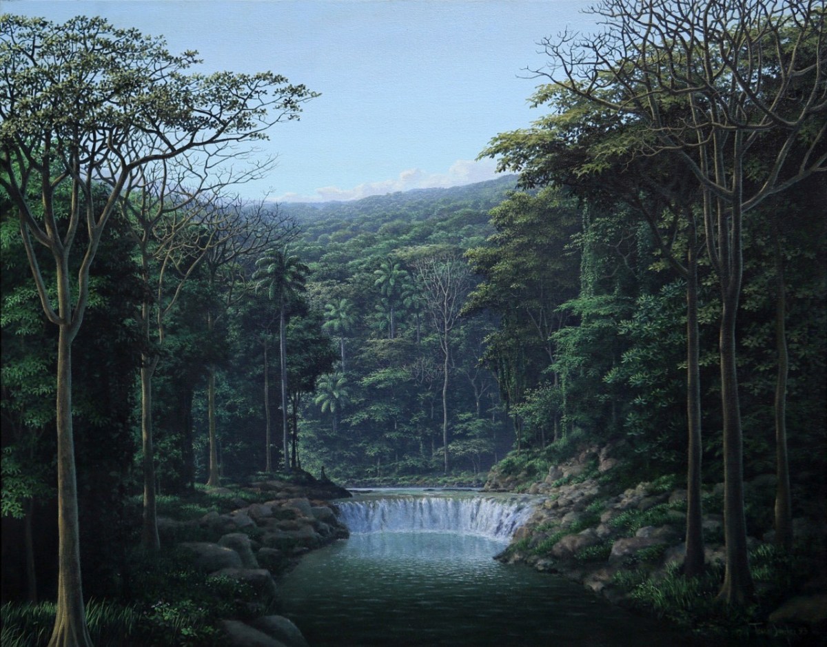 "Meditación y sonido de aguas" (1993, acrylic on canvas 60.5 x 76 centimeters) by Tomás Sánchez