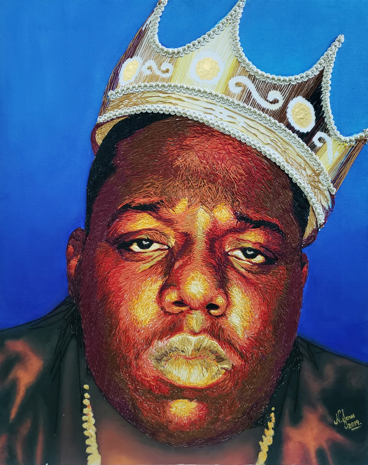 “Biggie Embroidered” by Nneka Jones (2019), ricamo a mano su tela, 16 x 20 pollici