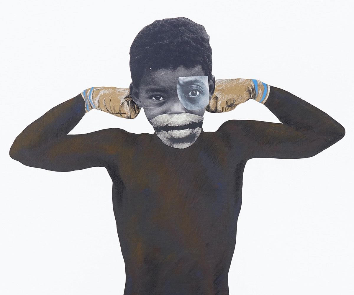 Deborah Roberts, detail of Man[ly], 2019