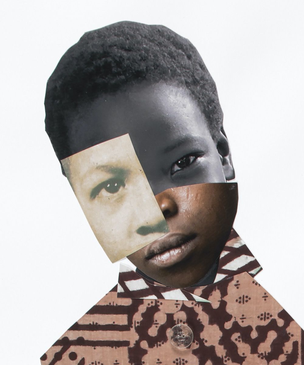 Deborah Roberts, detail of We wear the masks, 2019