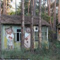 Izumrudniy’ (‘Emerald’) Holiday Camp, near Chornobyl. Once a popular spot for summer holiday breaks, these rustic wooden chalets, painted with characters from cartoons and fairy tales, were completely destroyed by forest fires in April 2020. Chernobyl Exclusion Zone by Darmon Richter