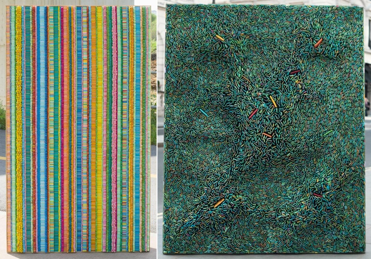 Ilhwa Kim. A sinistra: "Seed School 7" (2020), 114 x 234 x 13 cm. A destra: "Seed universe 83" (2018), 184 x 132 x 15 cm