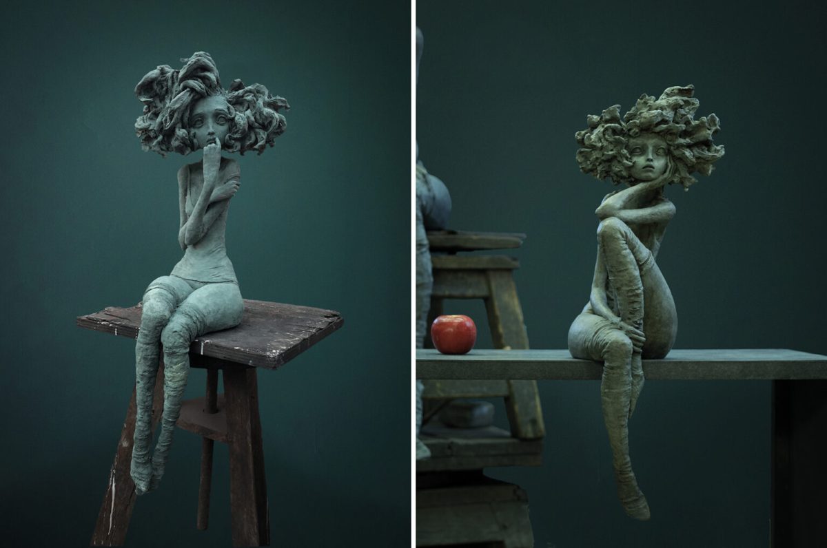 Valérie Hadida. Left: “La rêveuse” (2018), bronze, 32 7/10 × 8 3/10 × 10 1/5 inches. Right: “Nouvel Amour” (2020), bronze, 29 1/2 × 11 4/5 × 11 4/5 inches