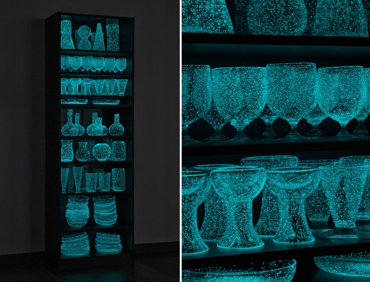 Rui Sasaki. “Remembering the weather” (2020), glass, phosphorescent crystal mixture, lights, motion sensor, plywood, 1,800 x 590 x 300 millimeters. Photo by Kichiro Okamura