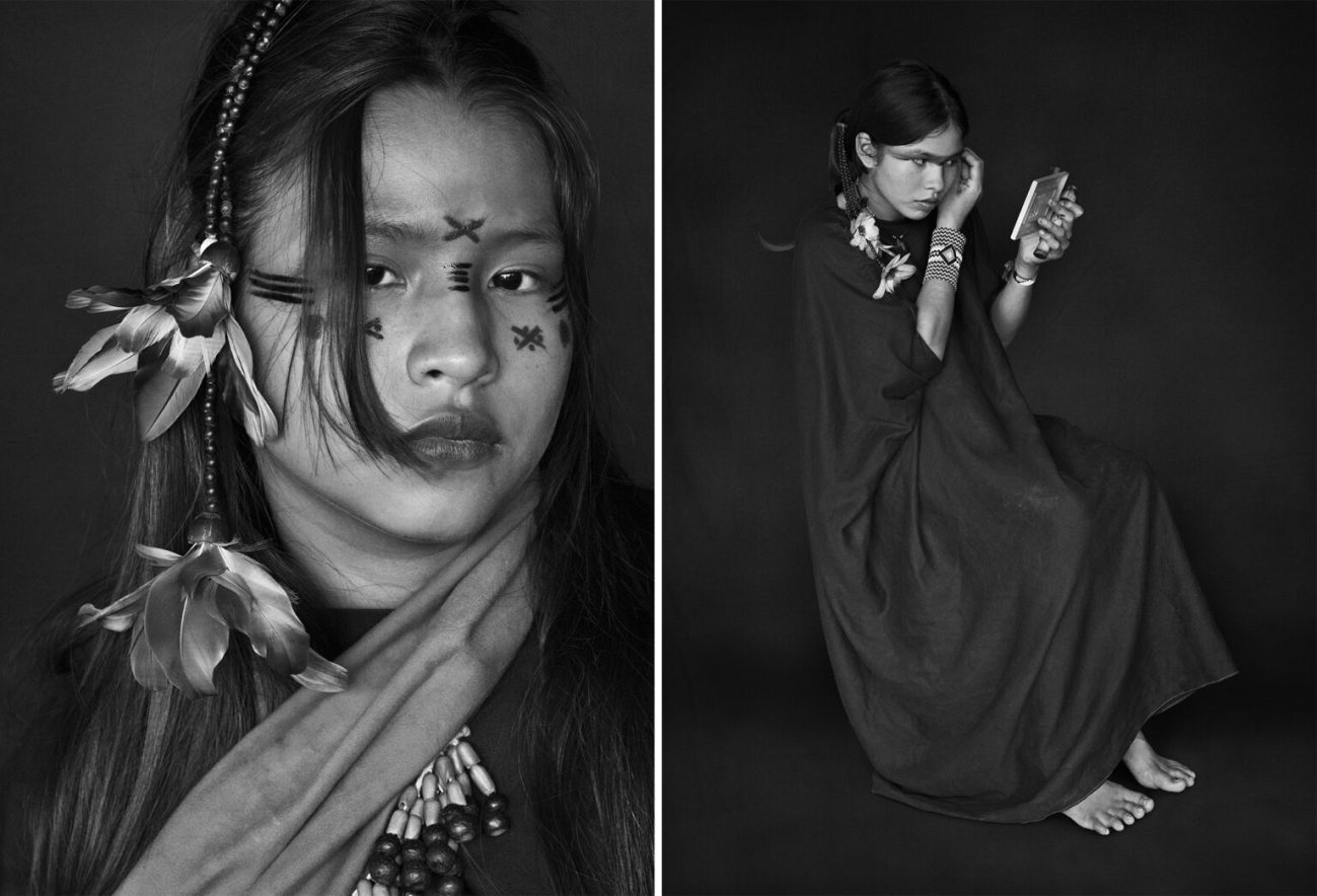 A sinistra: Yara Asháninka, la figlia maggiore di Wewito Piyãko e Auzelina Asháninka. I piccoli disegni di vernice sul suo viso indicano che una ragazza non è ancora fidanzata. Territorio indigeno di Kampa do Rio Amônea, stato di Acri, 2016. A destra: Luísa, figlia di Moisés Piyãko Asháninka, si dipinge allo specchio. Territorio indigeno di Kampa do Rio Amônea, stato di Acri, 2016. Fotografia di Sebastião Salgado