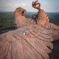 Artist Rajiv Anchal and a team of experience sculptors installed an enormous concrete bird named Jatayu, the largest bird sculpture in the world, atop the rolling hills of Chadayamangalam in the Kollam district of Kerala, India