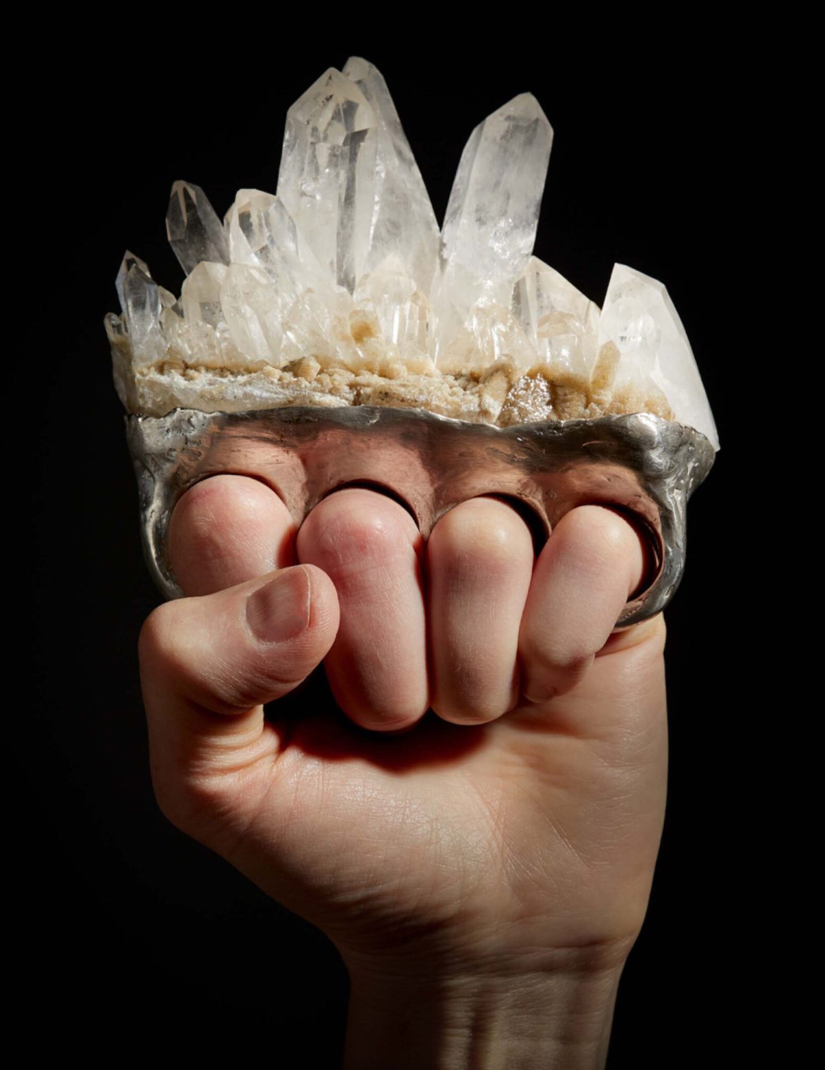 Debra Baxter. “Crystal Brass Knuckles (forever)” (2021), sterling silver and quartz, 5 x 4.5 x 2 inches