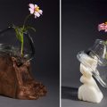 Debra Baxter. Left: “Soften the Blow” (2021), walnut and glass, 9.25 x 10 x 7.5 inches. Right: “Tear Jerker” (2021), alabaster and glass, 9 x 6 x 6 inches