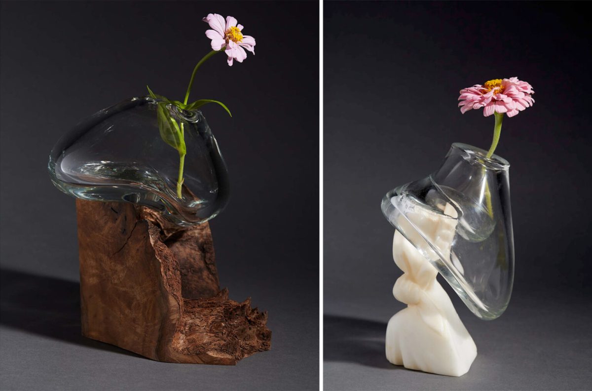 Debra Baxter. Left: “Soften the Blow” (2021), walnut and glass, 9.25 x 10 x 7.5 inches. Right: “Tear Jerker” (2021), alabaster and glass, 9 x 6 x 6 inches