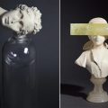 Debra Baxter.Left: Detail of “Ear to the Ground” (2020), alabaster and glass, 10 x 4 x 3 inches. Right: “See No Evil” (2020), alabaster and green onyx, 12 x 7 x 4 inches