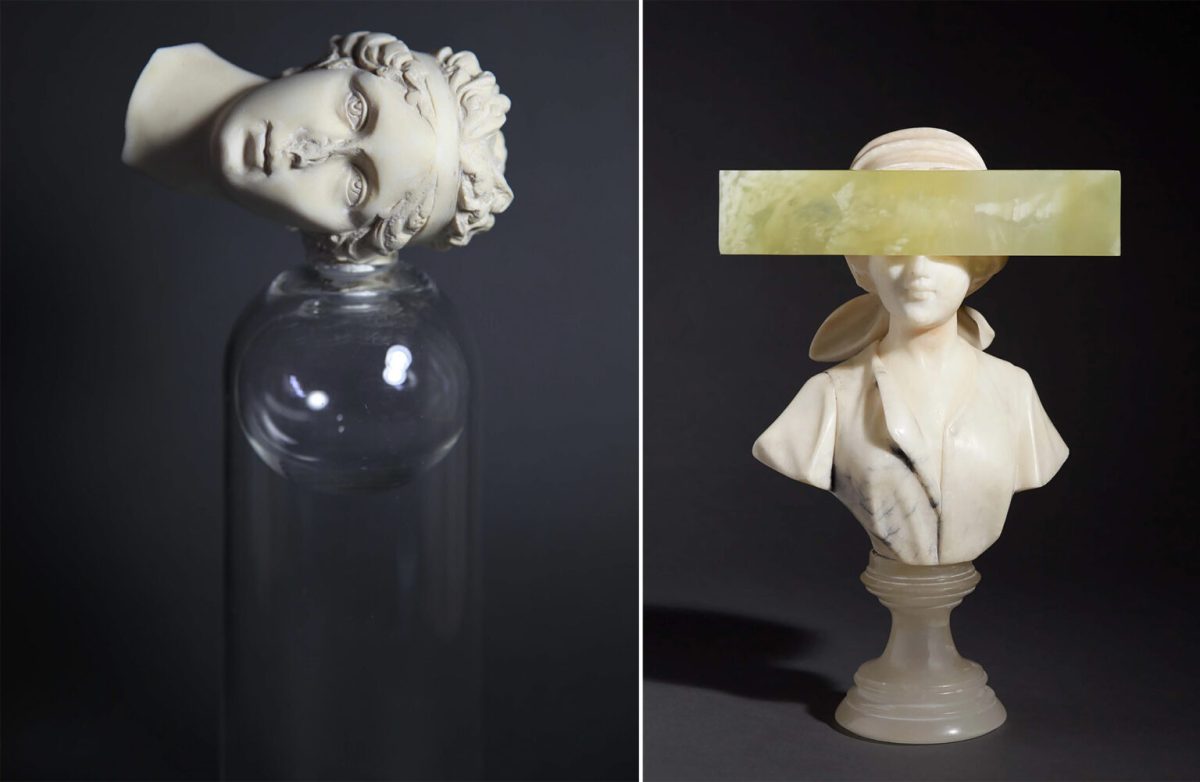 Debra Baxter.Left: Detail of “Ear to the Ground” (2020), alabaster and glass, 10 x 4 x 3 inches. Right: “See No Evil” (2020), alabaster and green onyx, 12 x 7 x 4 inches
