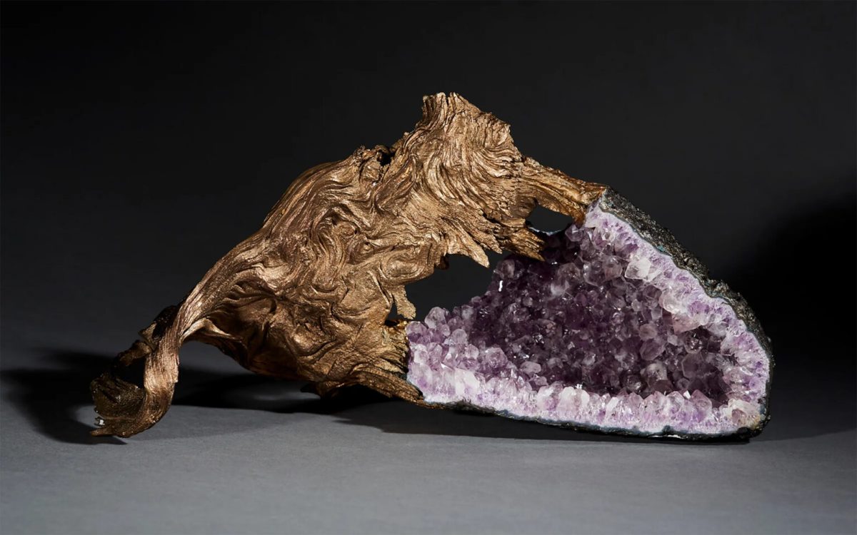 Debra Baxter. “Holding It Together” (2021), bronze and amethyst, 9 x 16 x 5 inches