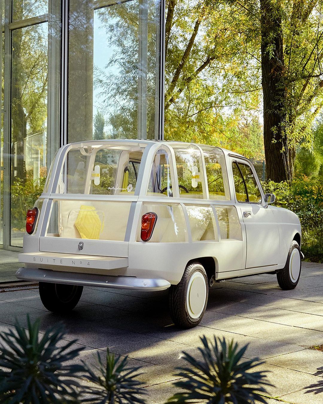 In celebration of the 60th anniversary of the Renault 4L, the automobile brand decided to team up with designer Mathieu Lehanneur to create a modern reiteration of the iconic vehicle. the result of this collaboration is SUITE N°4, an original concept car inspired by a nomad hotel suit