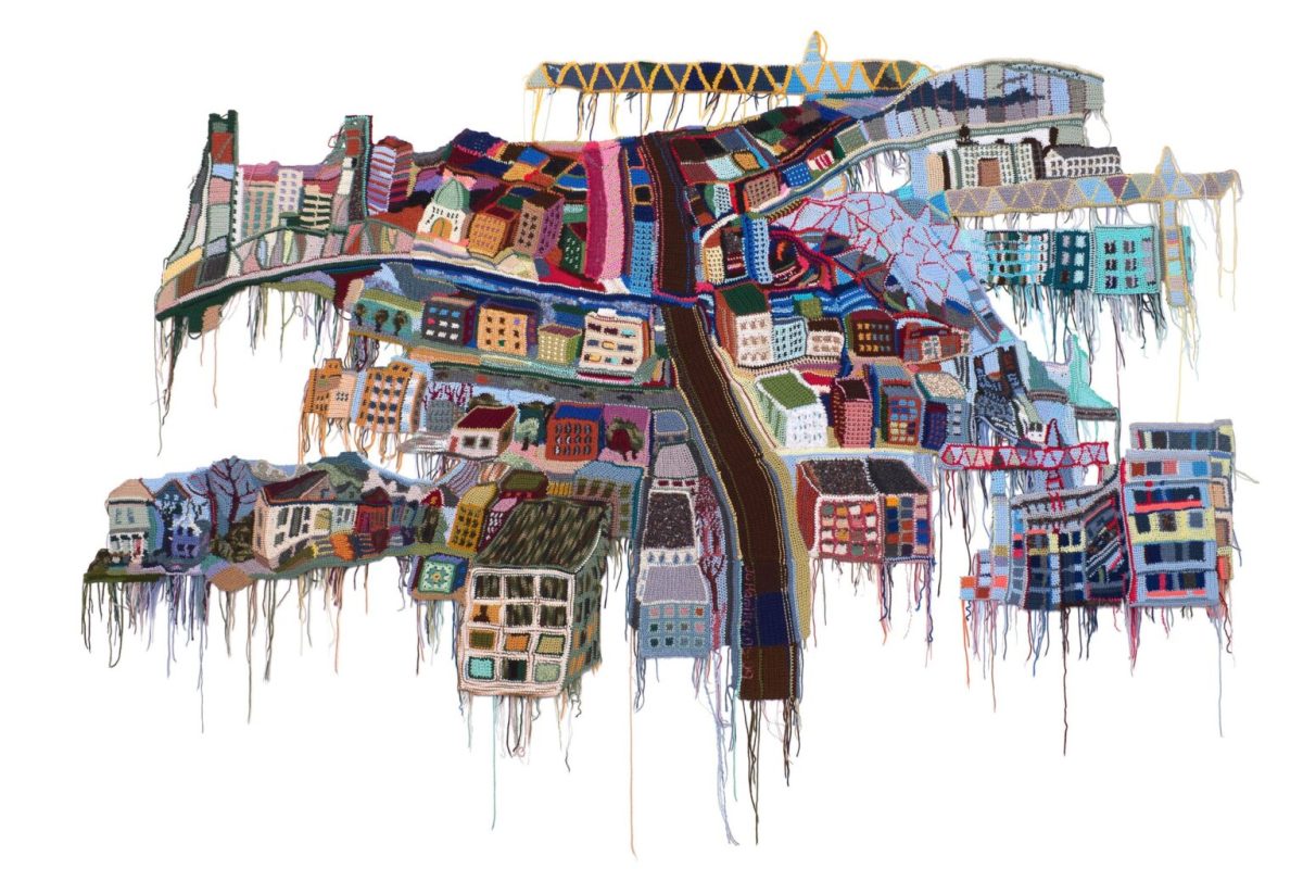 "I Crochet Portland" (2006-2009) by Jo Hamilton, mixed crocheted yarn, 63 x 114 inches