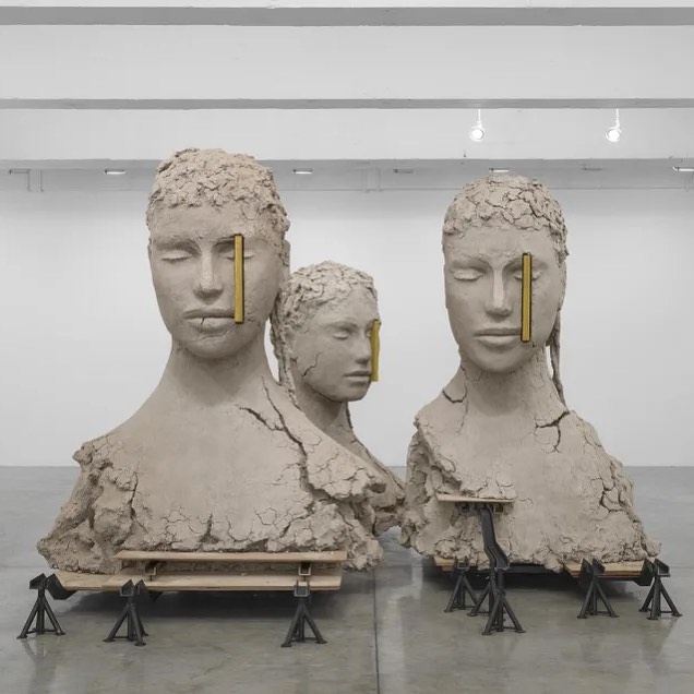 "Composition with Four Yellow Verticals" by Mark Manders