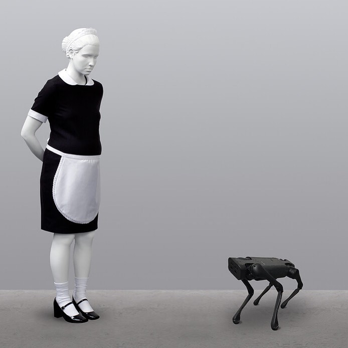 "Pregnant White Maid and Unitree A1 robot dog" by Elmgreen & Dragset